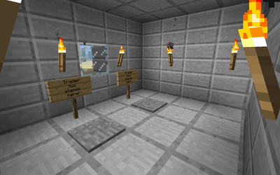 From the inside, you can see that this room is the exact same as the current trade rooms, with the addition of two pressure plates and the replacement of the wooden door with an iron one.