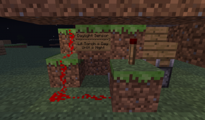 RyGuy130's Post:<br /><br />Within a few minutes of sunrise or sunset, this device should detect whether it's currently day or night time and emit a corresponding redstone signal. This can be used for all sorts of unique redstone creations. Lights that only turn on at night and doors that are only open during the day are only a few of the near infinite uses this device has. While the small model I've made here can be somewhat inaccurate, larger and more complex versions can be built for nearly instantaneous detection.<br />Coordinates: X:-940 Z:4170