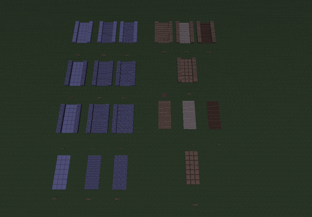 From top to bottom:<br />Stone slab curbs, Wooden Slab Curbs with planks, Stone Brick Curbs, Wooden Slab Curb with Logs, Cobblestone Curbs, Curbless Planks, Curbless Stone series, Curbless Log